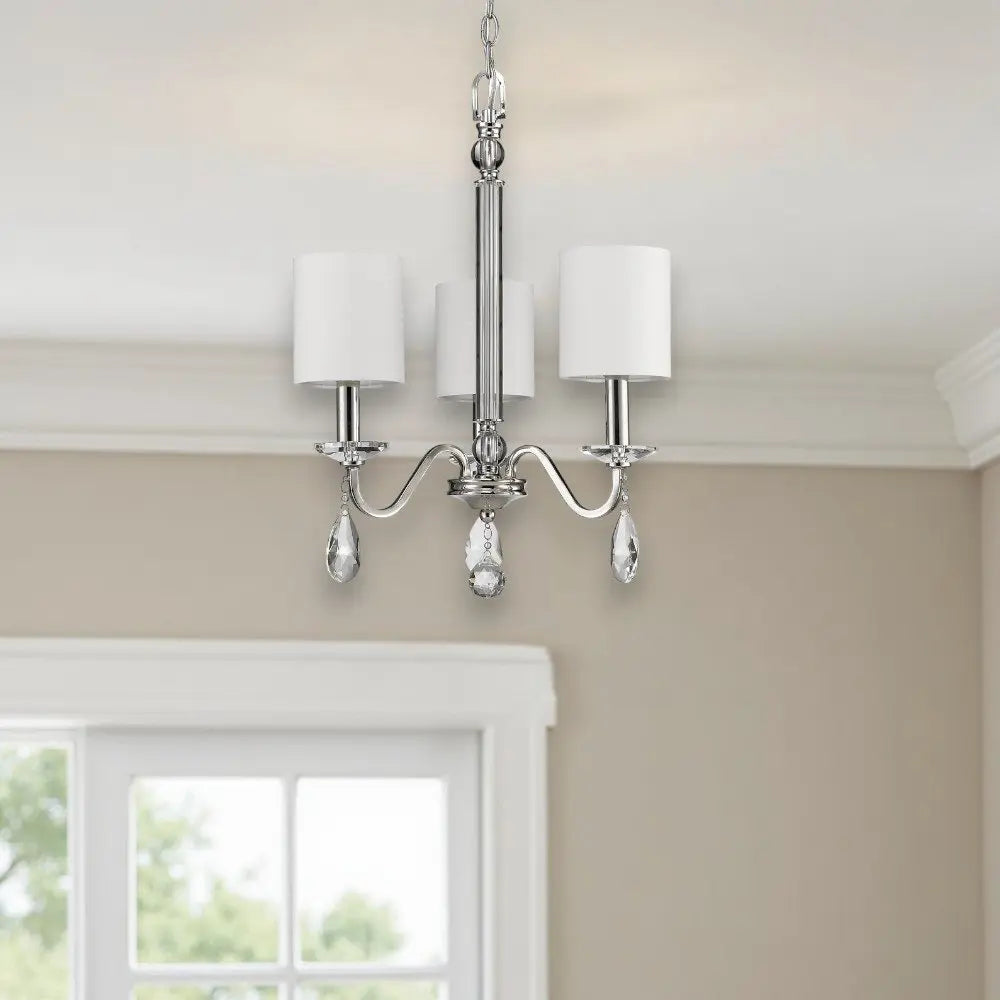 Silver Candle Style Three Light Metal and Crystals Dimmable Chandelier With White Shades HomeRoots