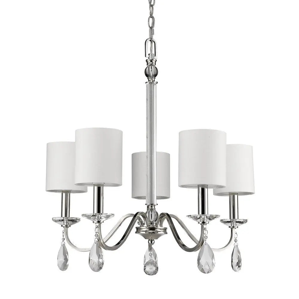 Silver Candle Style Five Light Metal and Crystals Dimmable Chandelier With White Shades HomeRoots