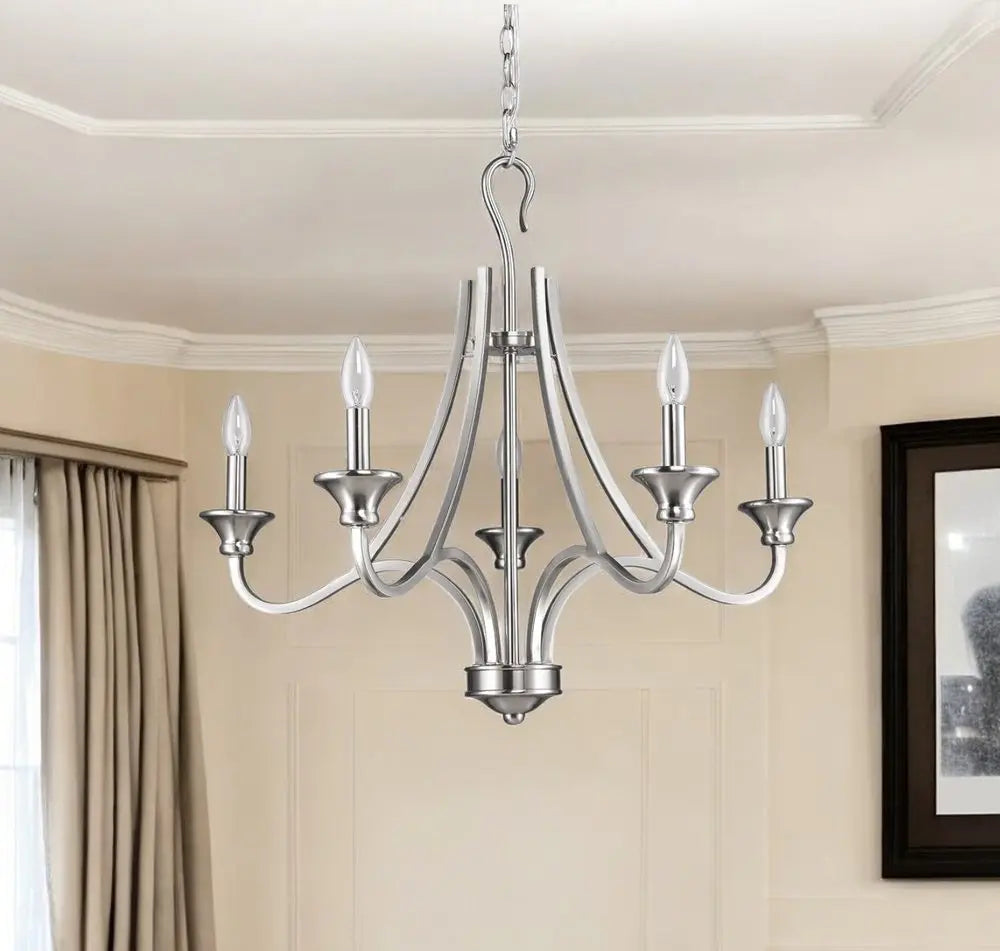 Silver Candle Style Five Light Metal Dimmable Chandelier HomeRoots