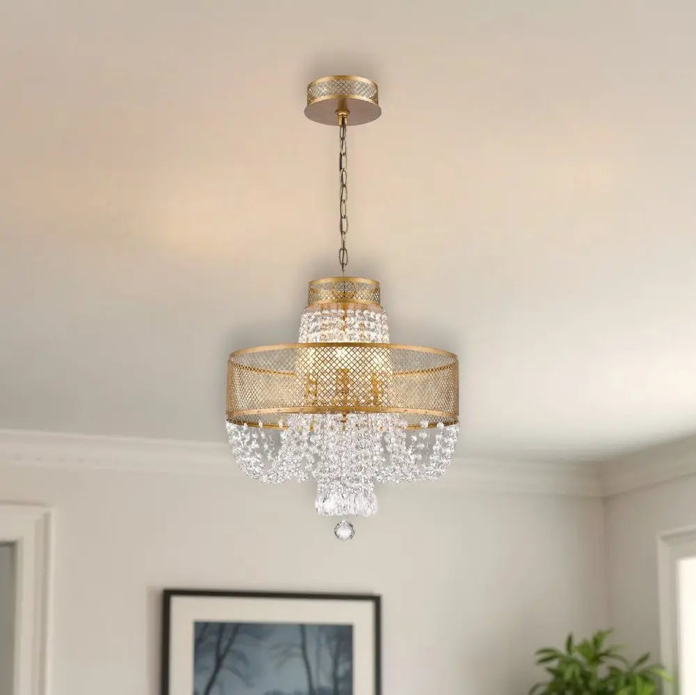 Gold Four Light Metal and Crystals Dimmable Chandelier With Shades HomeRoots