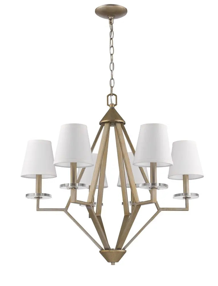 Gold Candle Style Six Light Metal and Crystals Dimmable Chandelier With White Shades HomeRoots