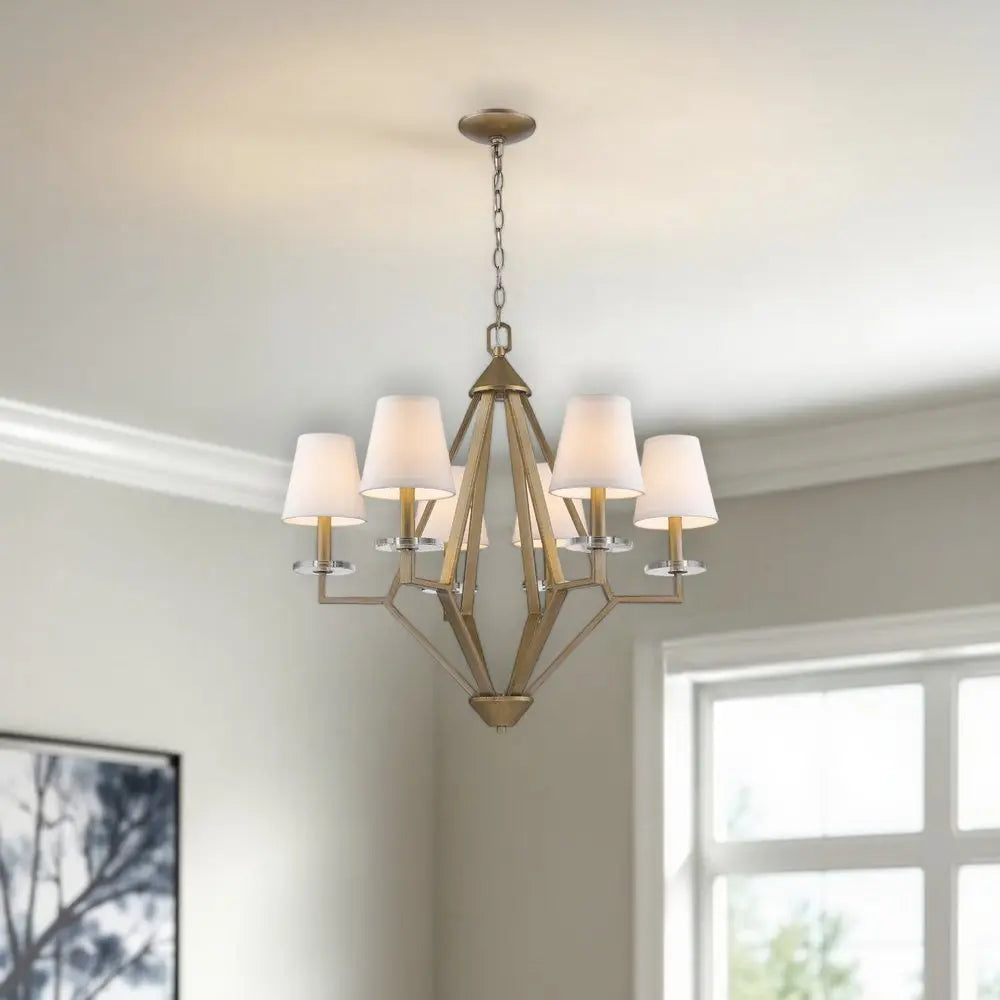 Gold Candle Style Six Light Metal and Crystals Dimmable Chandelier With White Shades HomeRoots