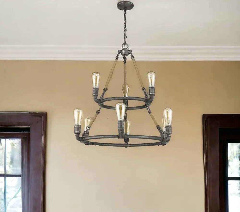 Brown and Black Nine Light Metal Dimmable Chandelier HomeRoots