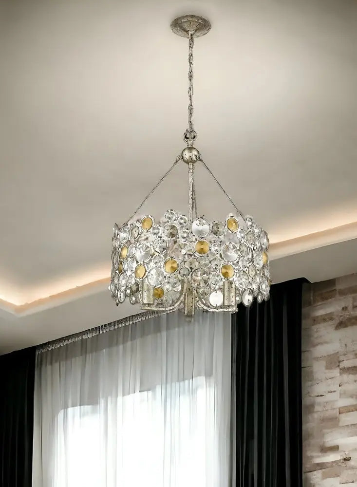 Silver Three Light Metal and Crystals Dimmable Chandelier With Silver Shades HomeRoots