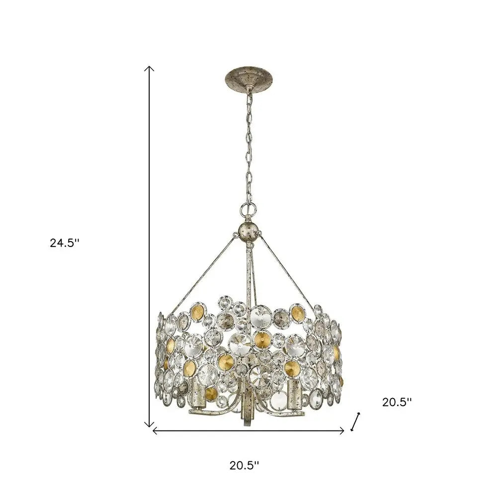 Silver Three Light Metal and Crystals Dimmable Chandelier With Silver Shades HomeRoots