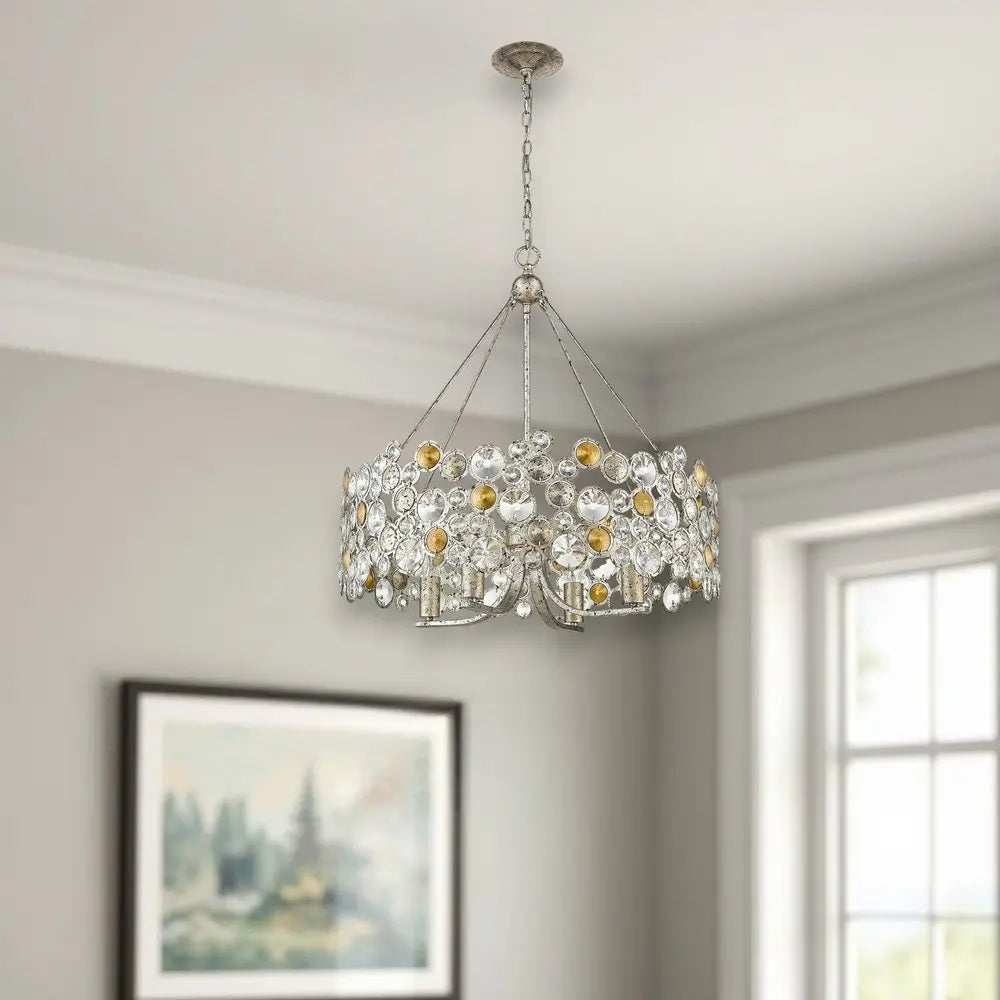 Silver Shaded Four Light Metal and Crystals Dimmable Chandelier With Silver Shades HomeRoots