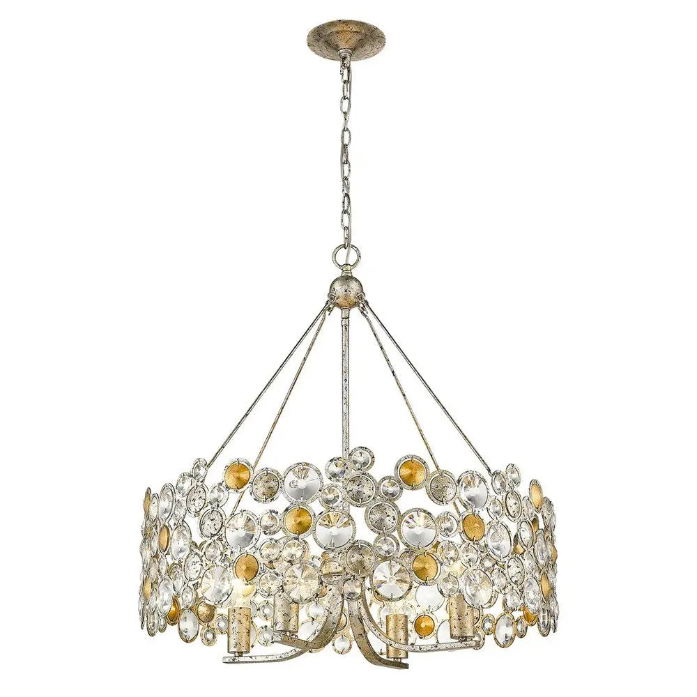 Silver Shaded Four Light Metal and Crystals Dimmable Chandelier With Silver Shades HomeRoots