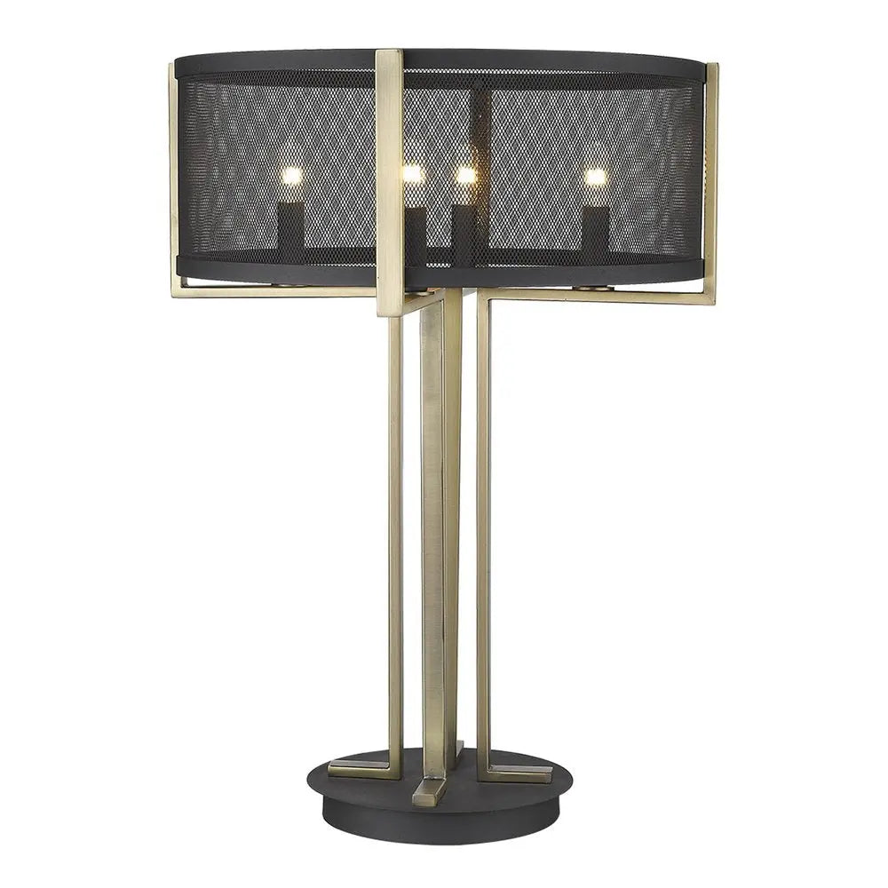 25" Brass Metal Four Light Geometric Table Lamp With Black Drum Shade HomeRoots