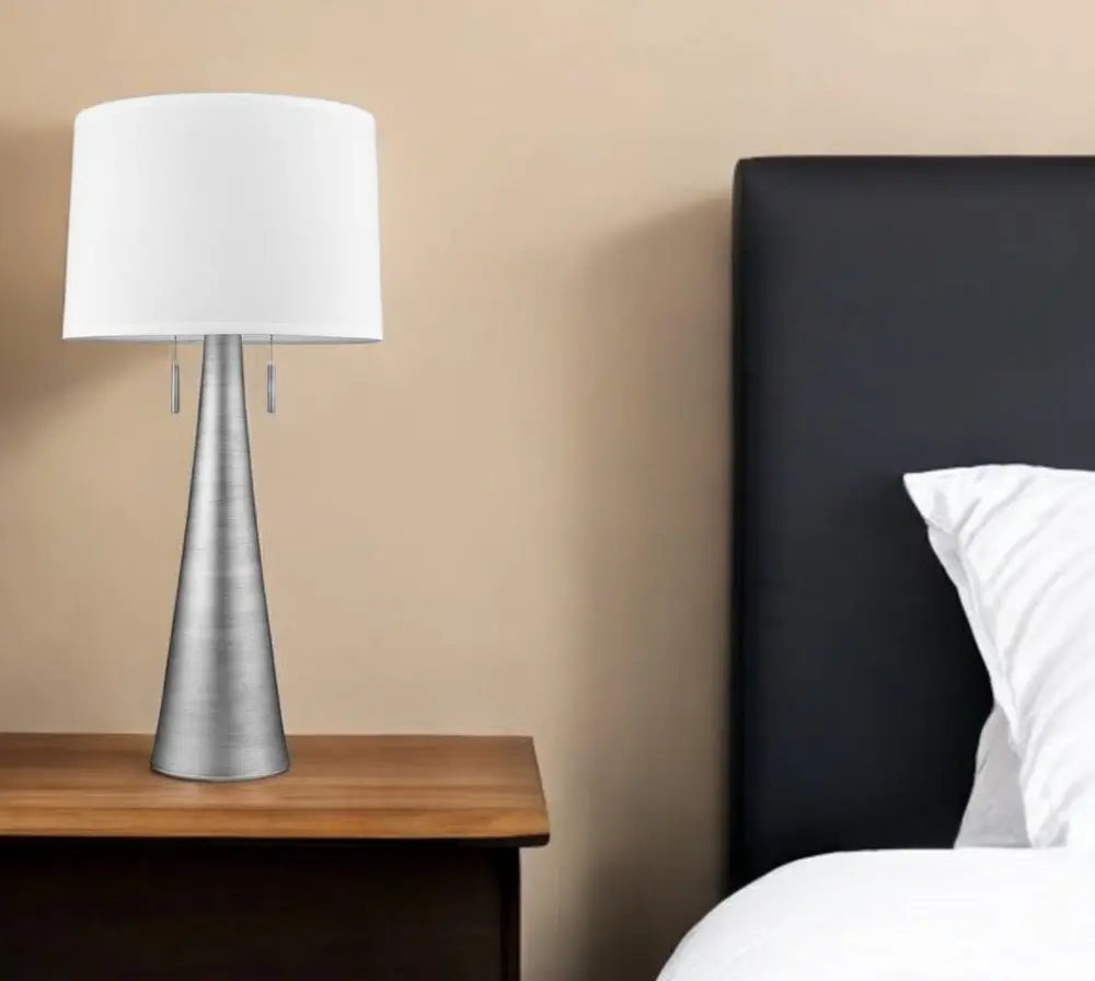 34" Silver Metal Two Light Table Lamp With White Empire Shade HomeRoots