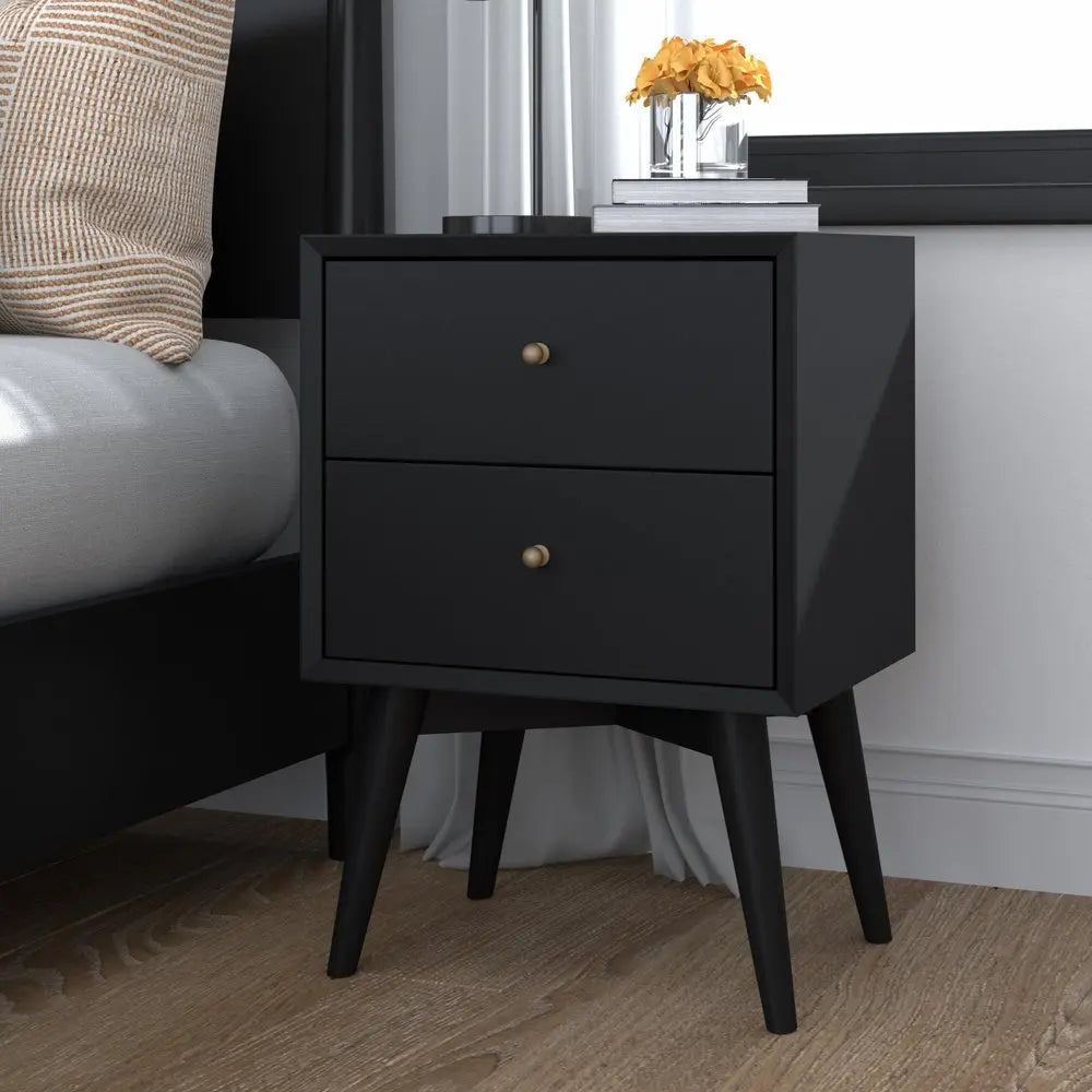 26" Black Solid Wood Two Drawer Nightstand HomeRoots