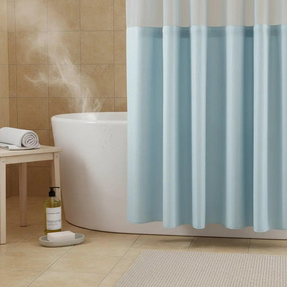 Light Blue Sheer and Grid Shower Curtain and Liner Set HomeRoots