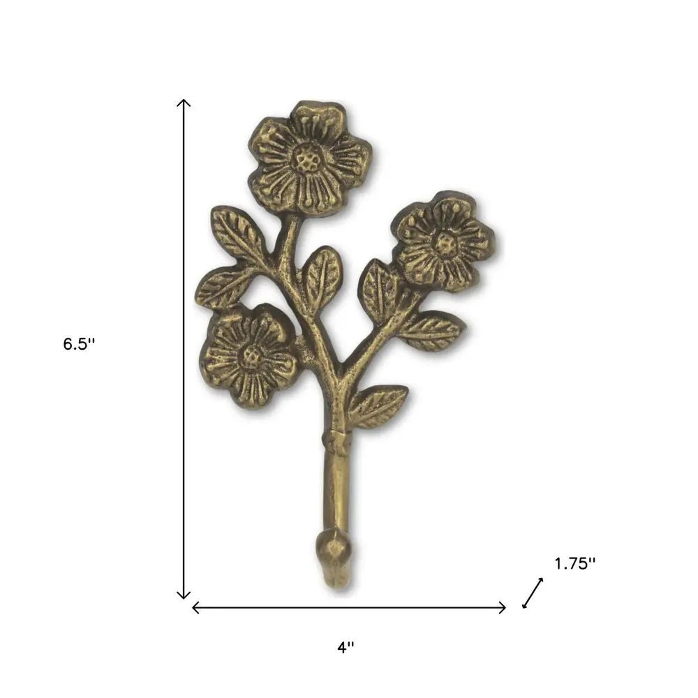 4" Antiqued Gold Cast Iron Flower Wall Hook - NOBLE HOME INTERIORS
