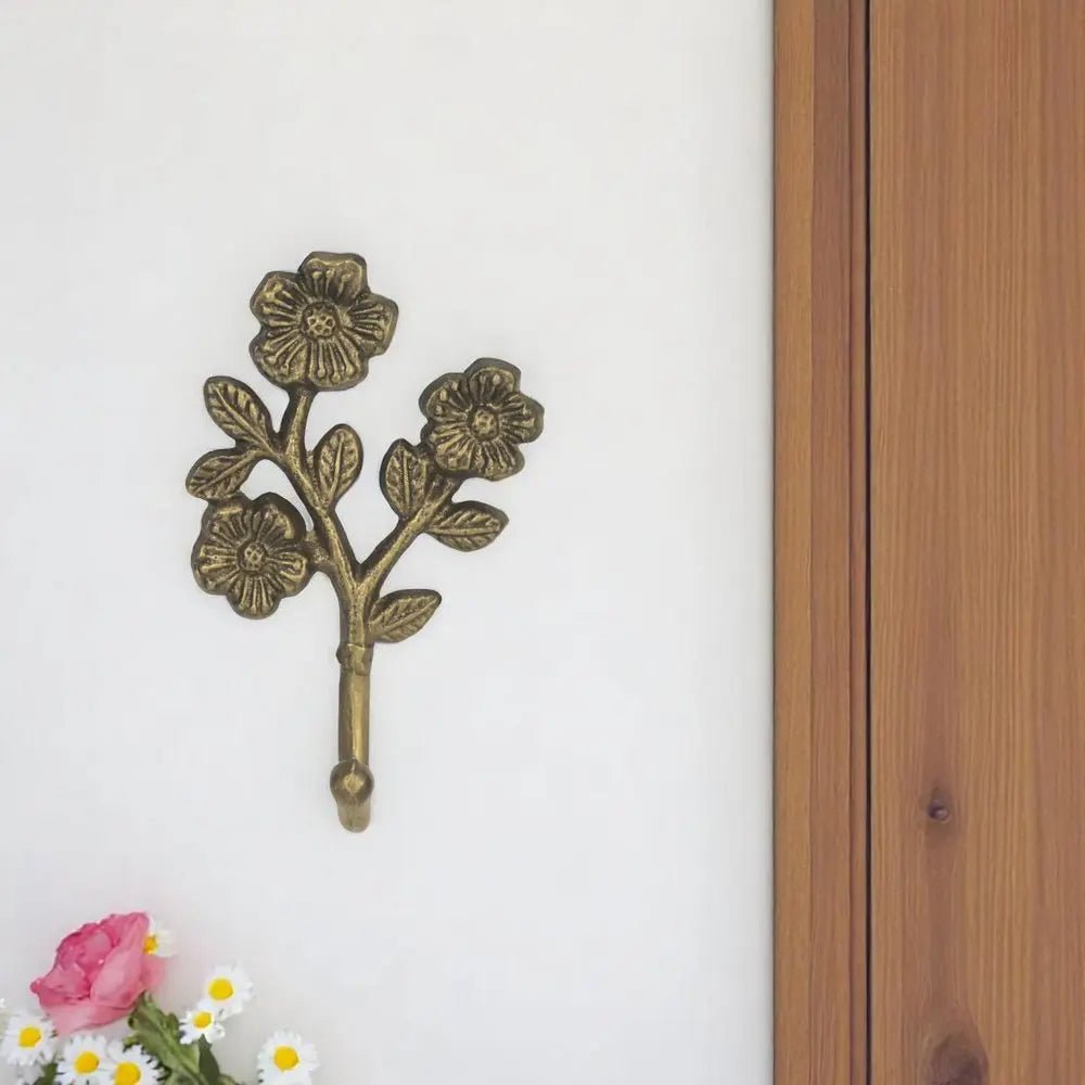 4" Antiqued Gold Cast Iron Flower Wall Hook - NOBLE HOME INTERIORS