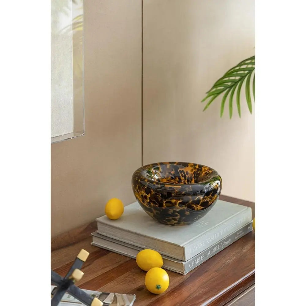4" Beige Brown And Black Animal Print Round Glass Table Vase - NOBLE HOME INTERIORS