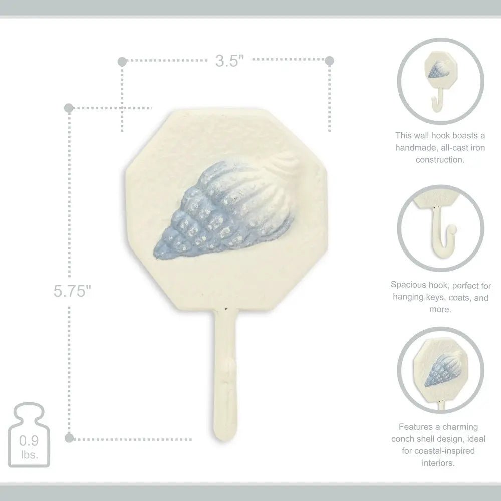 4" Blue And Cream Cast Iron Conch Shell Wall Hook - NOBLE HOME INTERIORS