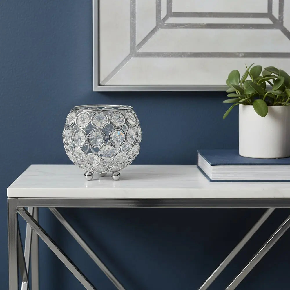 4" Clear And Silver Faux Crystal And Metal Round Table Vase - NOBLE HOME INTERIORS