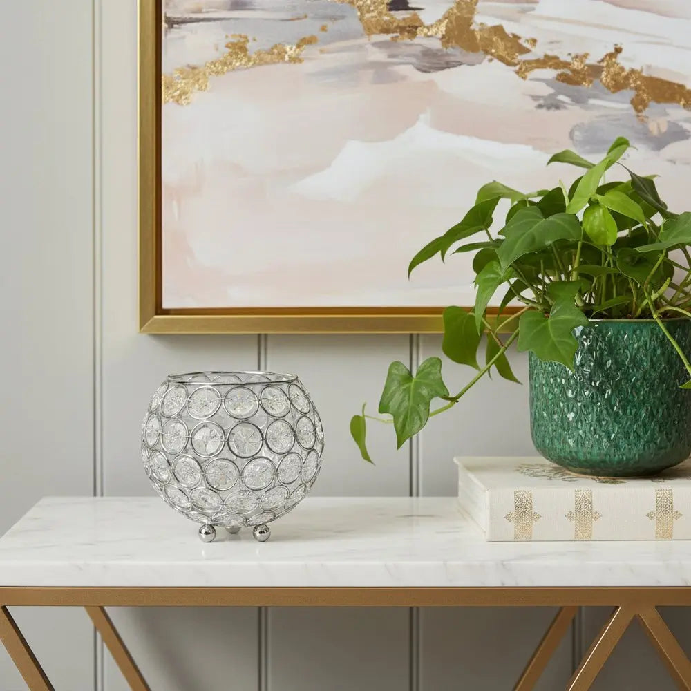 4" Clear And Silver Faux Crystal And Metal Round Table Vase - NOBLE HOME INTERIORS