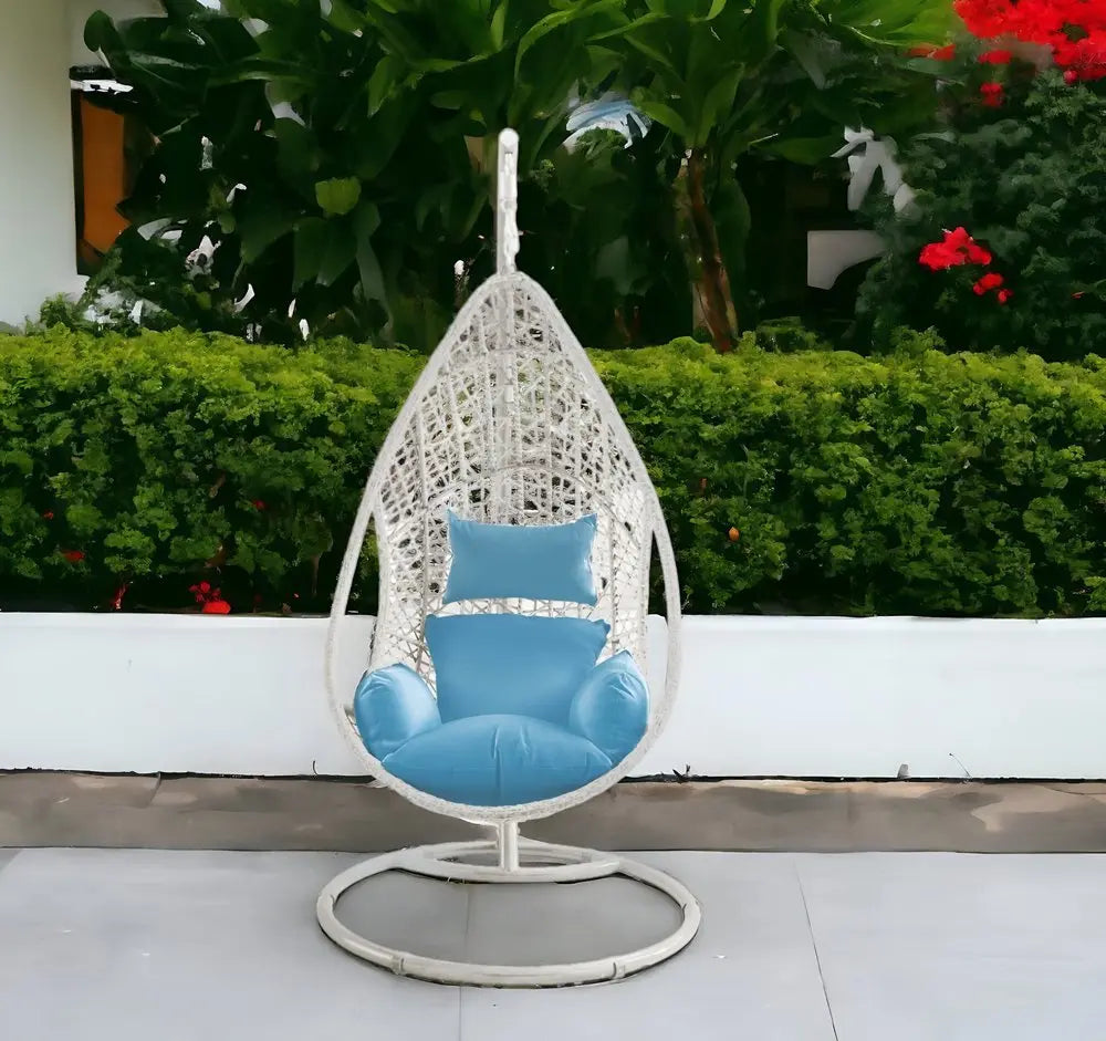 40" Blue and Steel stand finished Metal Outdoor Swing Chair with Blue Cushion - NOBLE HOME INTERIORS