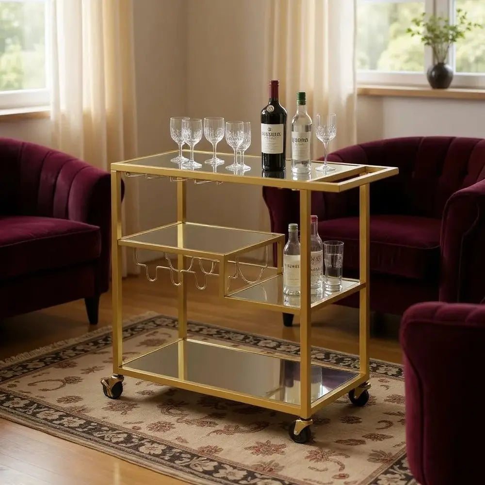 40" Clear and Gold Glass and Iron Rolling Prep Table - NOVA HOME FURNITURE