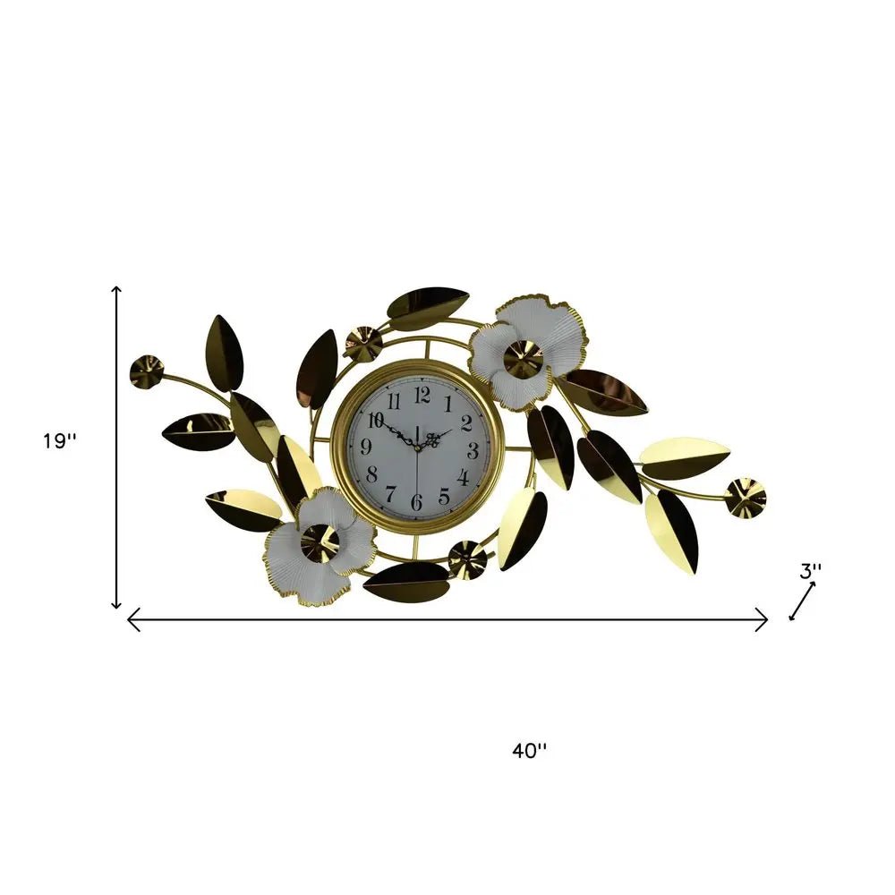 40" Gold And White Metal Silent Analog Floral Novelty Wall Clock HomeRoots