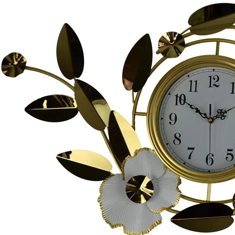 40" Gold And White Metal Silent Analog Floral Novelty Wall Clock HomeRoots