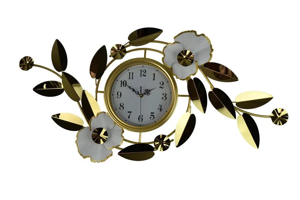 40" Gold And White Metal Silent Analog Floral Novelty Wall Clock HomeRoots