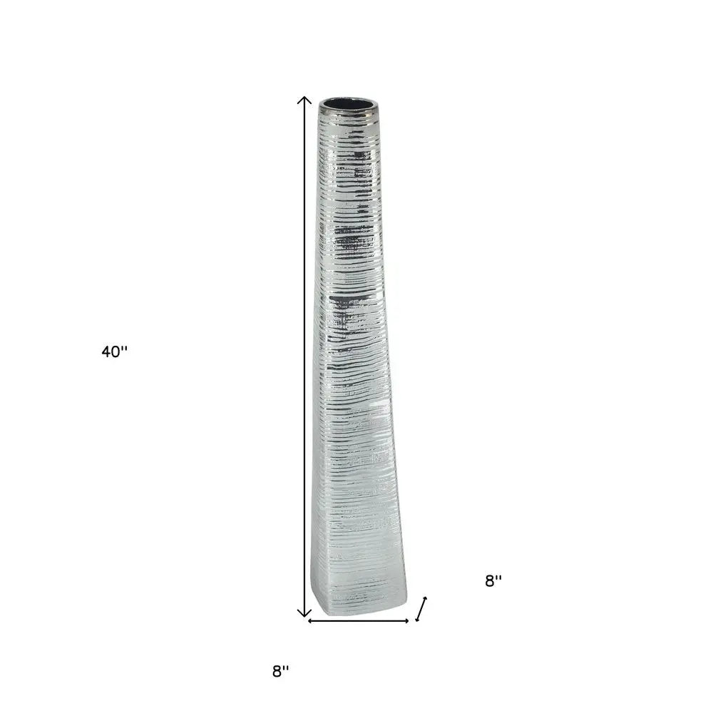 40" Silver Striped Tapered Ceramic Floor Vase - NOBLE HOME INTERIORS