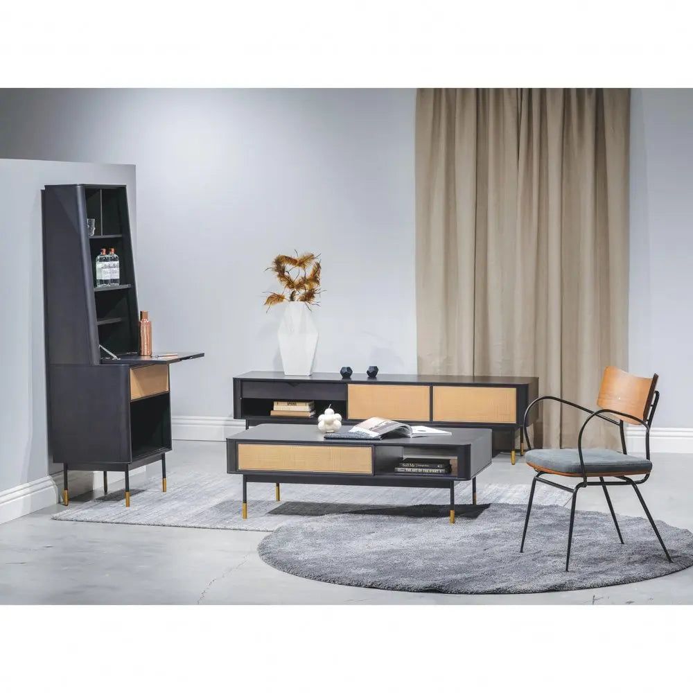 Black Wood and Wicker Media Stand HomeRoots