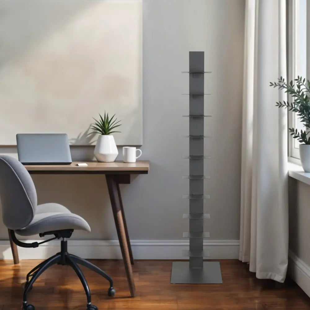 60" Dark Gray Metal Ten Shelf Modern Tower Bookcase HomeRoots