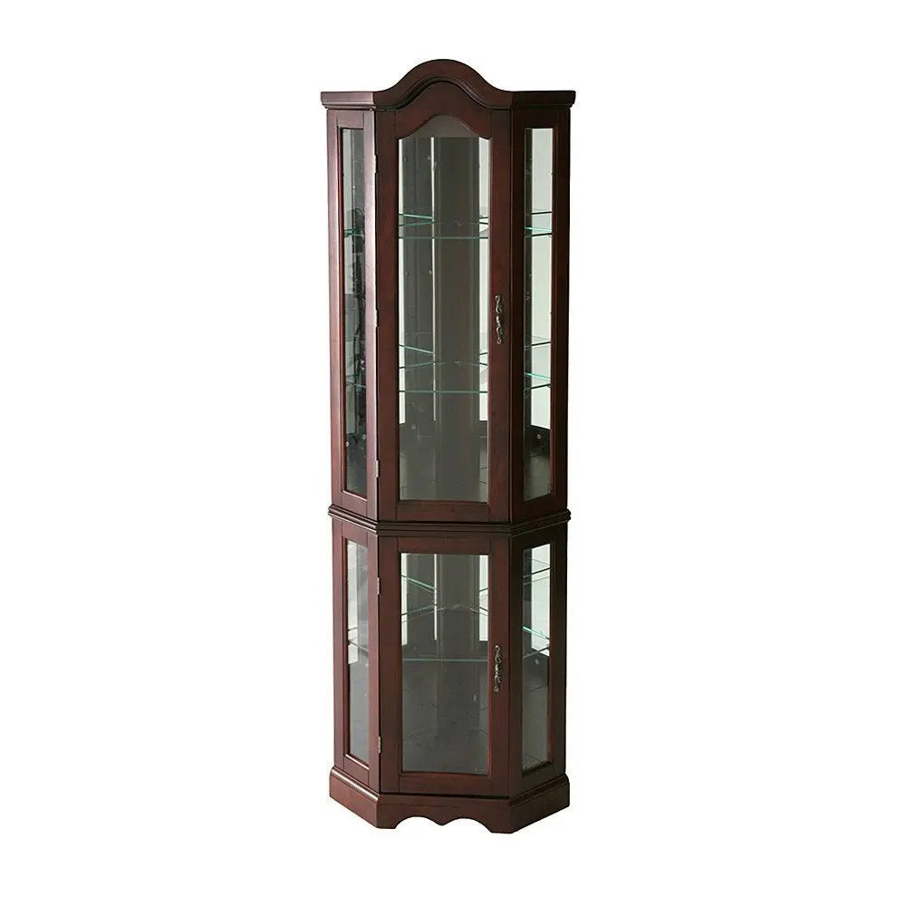 Mahogany Scallop Top Lighted Corner Curio Cabinet HomeRoots