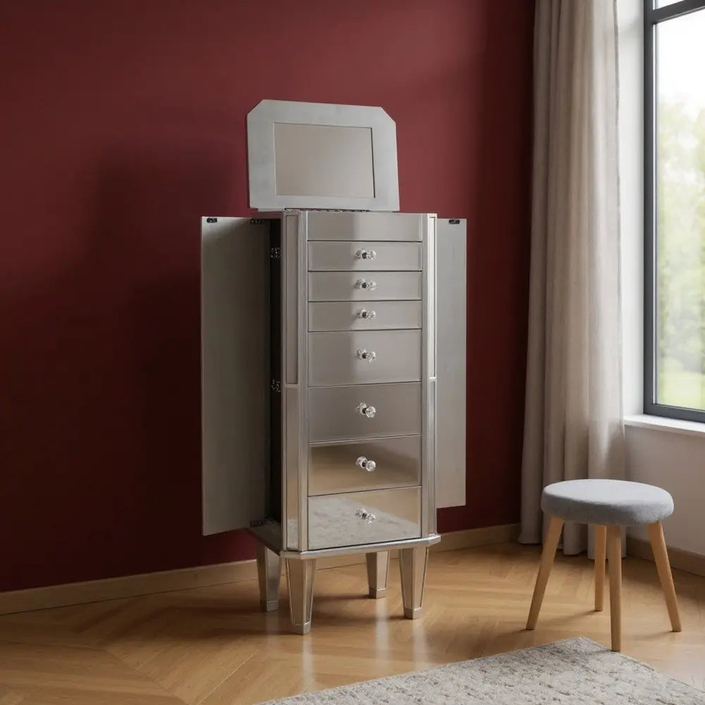 18" Silver Mirrored Writing Desk With Seven Drawers HomeRoots