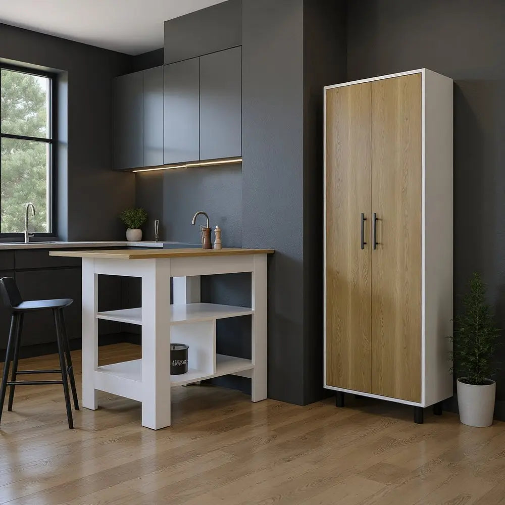 41" Natural and White Wood Kitchen Island Set With Storage - NOVA HOME FURNITURE