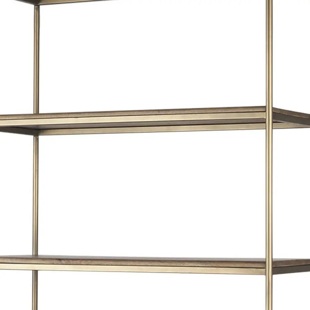 42" Antiqued Brass And Brown Distressed Metal and Solid Wood Four Tier Bookcase with Two Doors HomeRoots