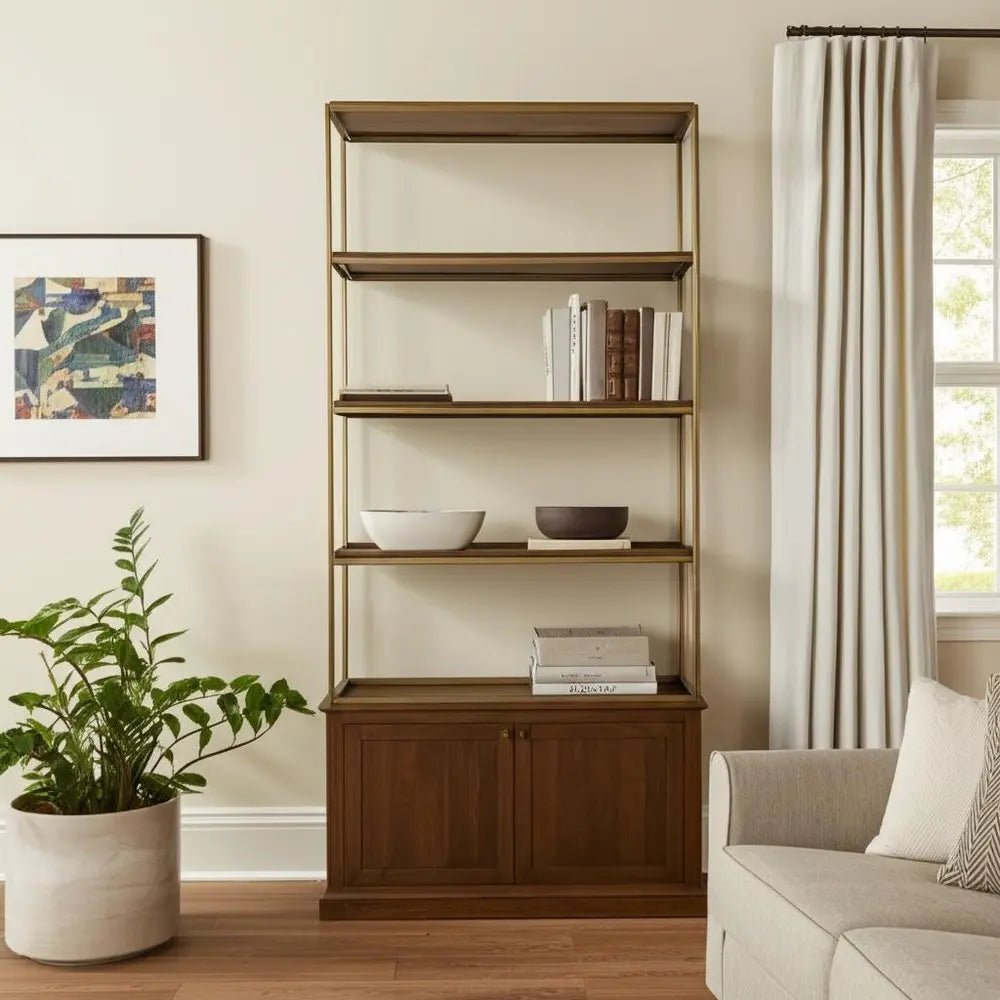 42" Antiqued Brass And Brown Distressed Metal and Solid Wood Four Tier Bookcase with Two Doors HomeRoots