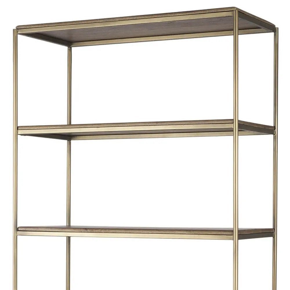 42" Antiqued Brass And Brown Distressed Metal and Solid Wood Four Tier Bookcase with Two Doors HomeRoots