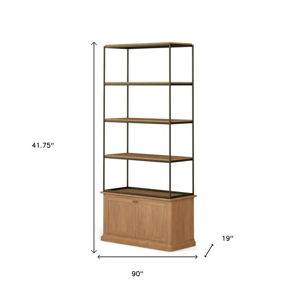 42" Antiqued Brass And Light Brown Distressed Metal and Solid Wood Four Tier Bookcase with Two Doors - NOBLE HOME INTERIORS