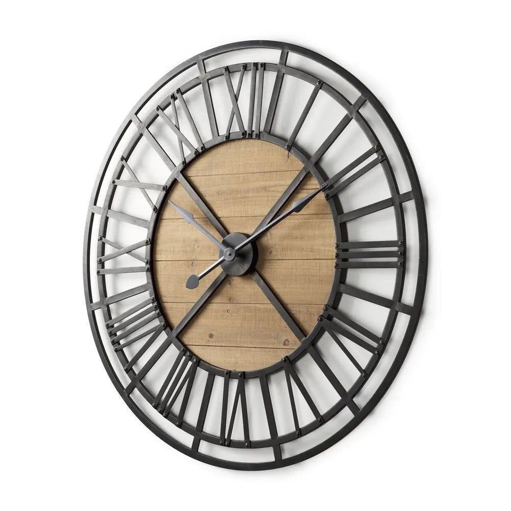 42" Black And Natural Iron And Wood Analog Round Wall Clock HomeRoots