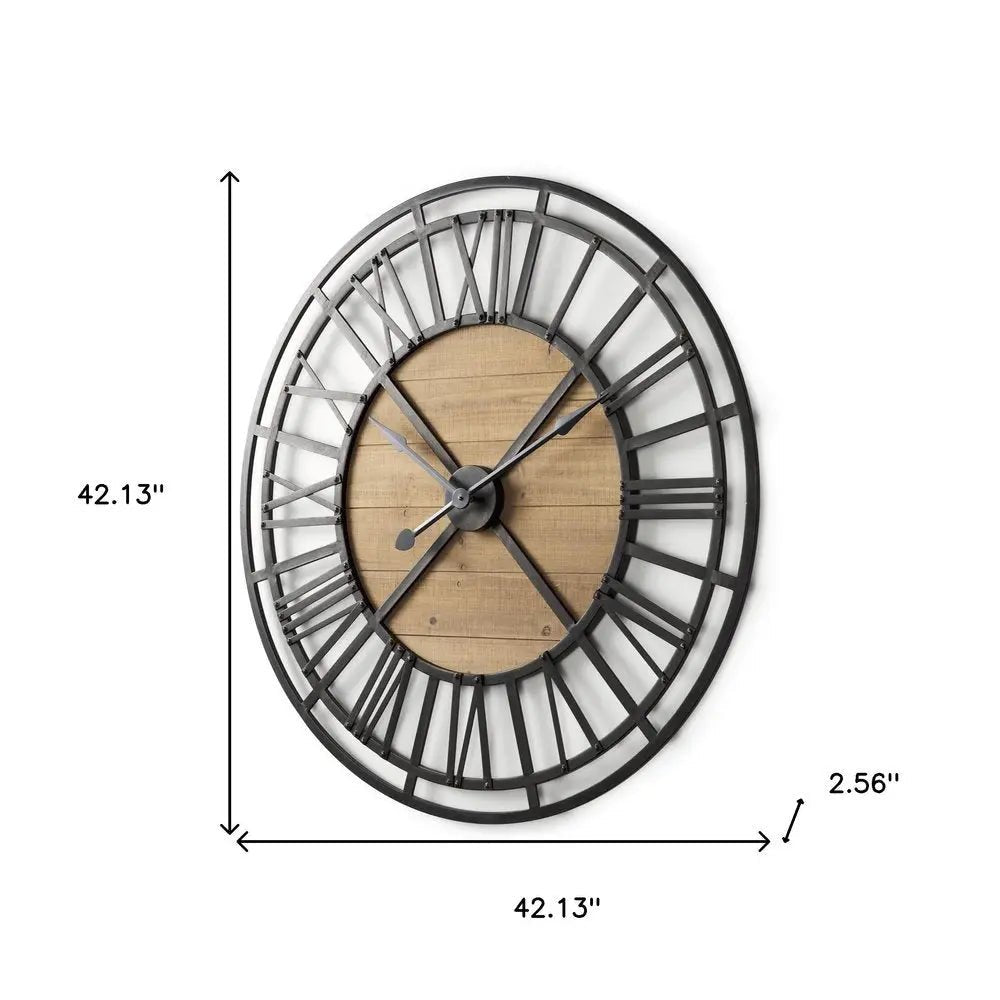 42" Black And Natural Iron And Wood Analog Round Wall Clock HomeRoots