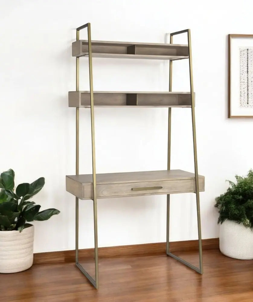 42" Brown and Gold Solid Wood and Metal Sled Ladder Desk - NOBLE HOME INTERIORS