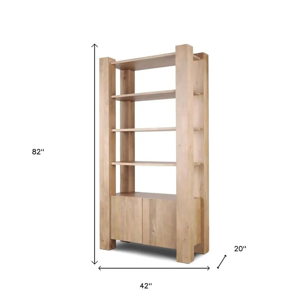 42" Natural Solid Wood Four Tier Bookcase with Two Doors HomeRoots