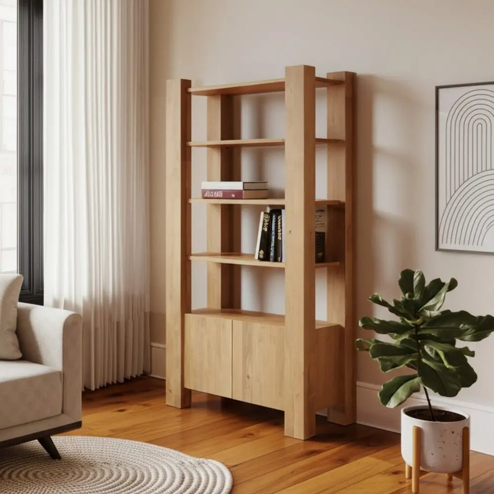 42" Natural Solid Wood Four Tier Bookcase with Two Doors HomeRoots