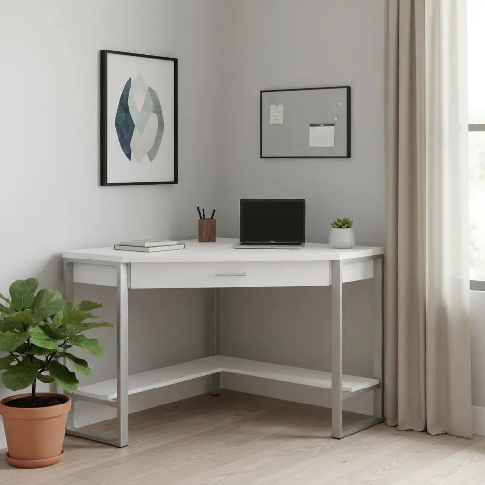 42" White and Silver Corner Computer Desk - NOBLE HOME INTERIORS