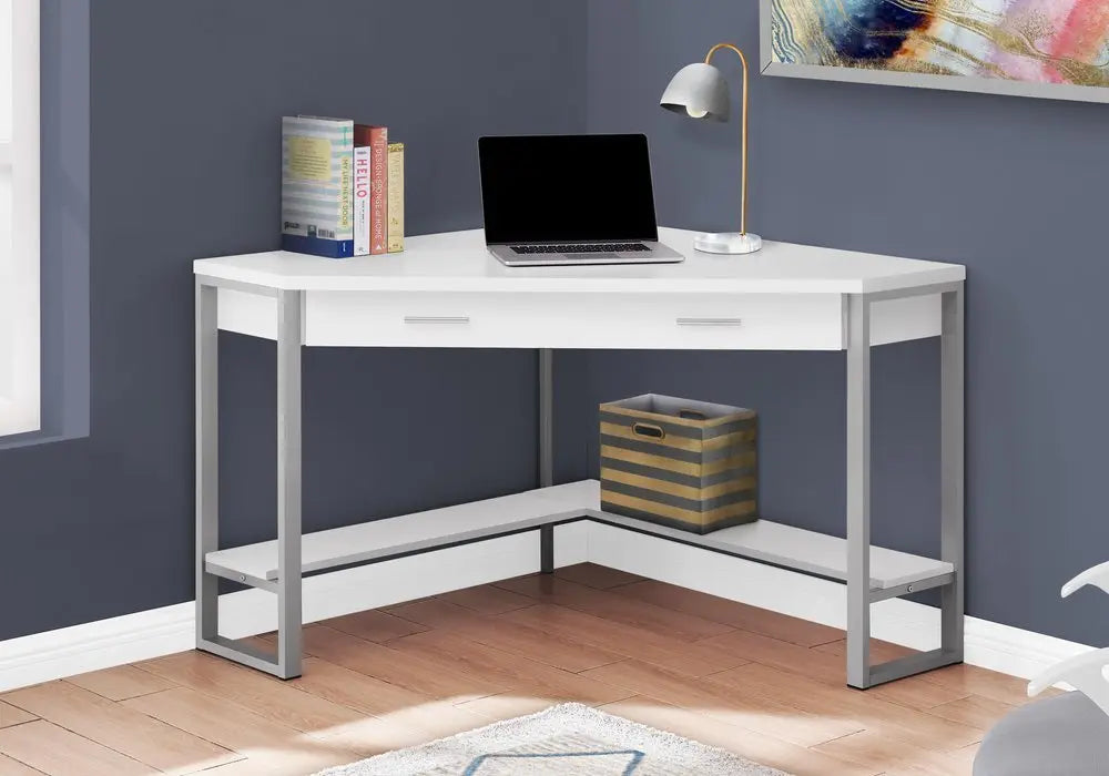 42" White and Silver Corner Computer Desk - NOBLE HOME INTERIORS