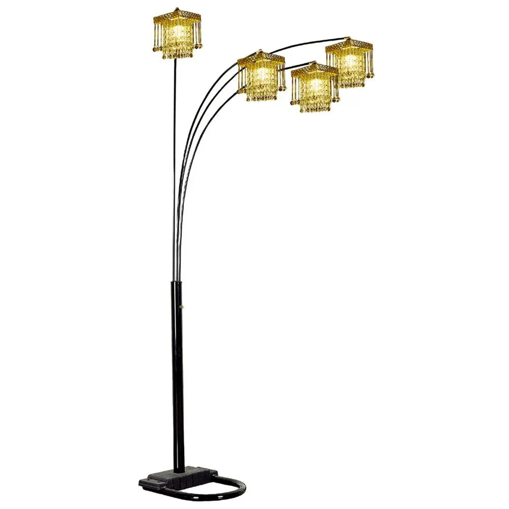 84" Black Four Light Arc Floor Lamp With Clear Crystal Glass Chandelier Shade HomeRoots