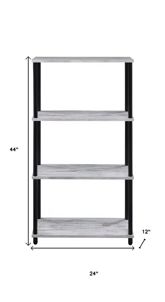 44" Antiqued White And Black Distressed Metal and Wood Four Tier Etagere Bookcase - NOBLE HOME INTERIORS