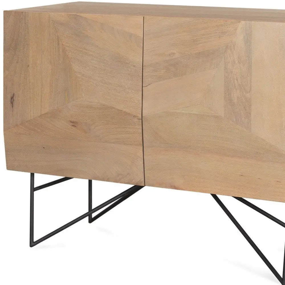 44" Natural and Black Solid Wood and Metal Carved Geometric Accent Cabinet With Two Doors - NOVA HOME FURNITURE