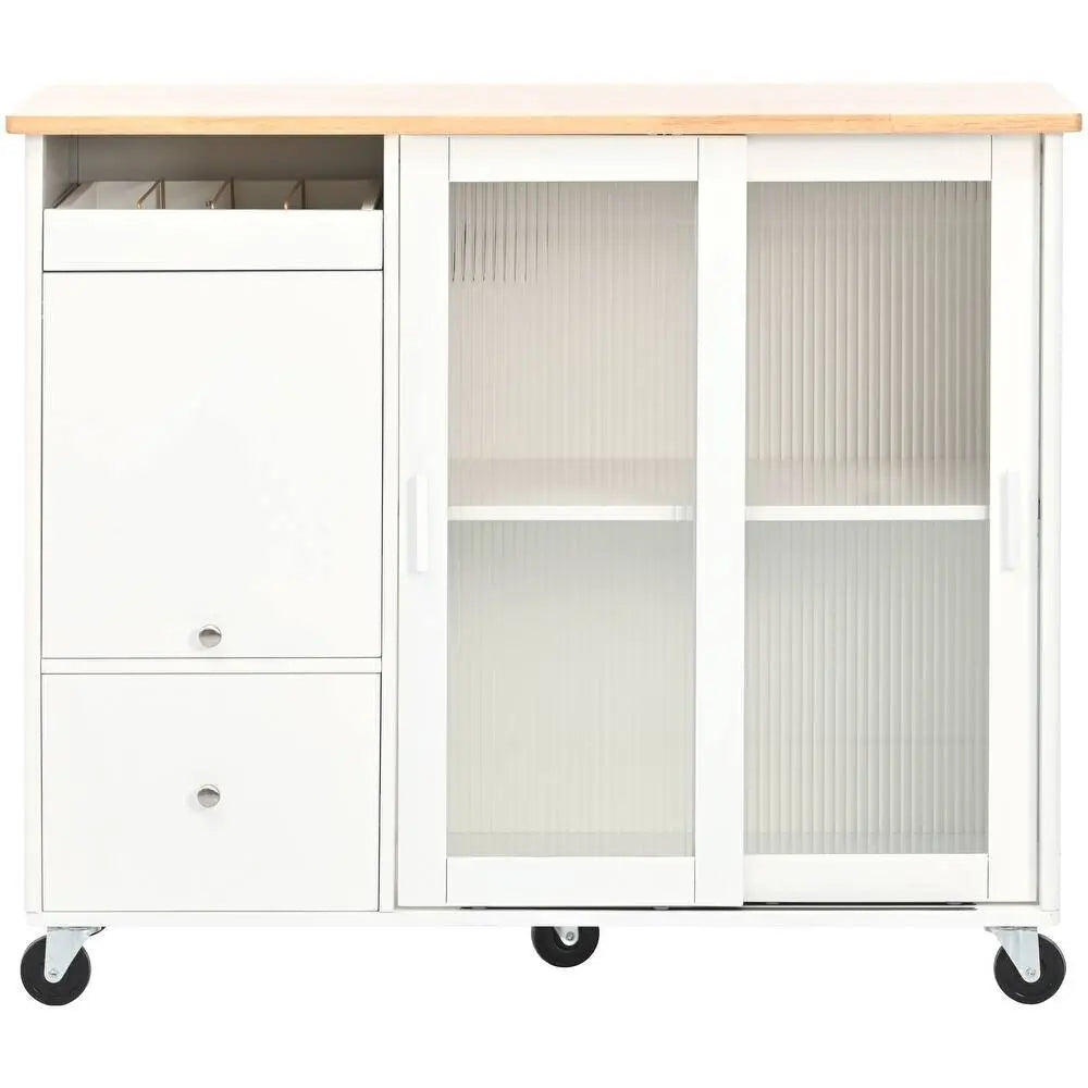 44" White Wood Barn Door Rolling Kitchen Island With Storage - NOVA HOME FURNITURE