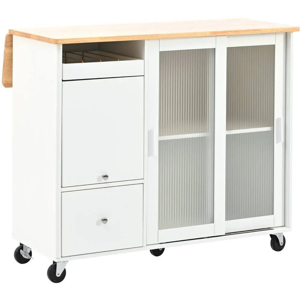 44" White Wood Barn Door Rolling Kitchen Island With Storage - NOVA HOME FURNITURE