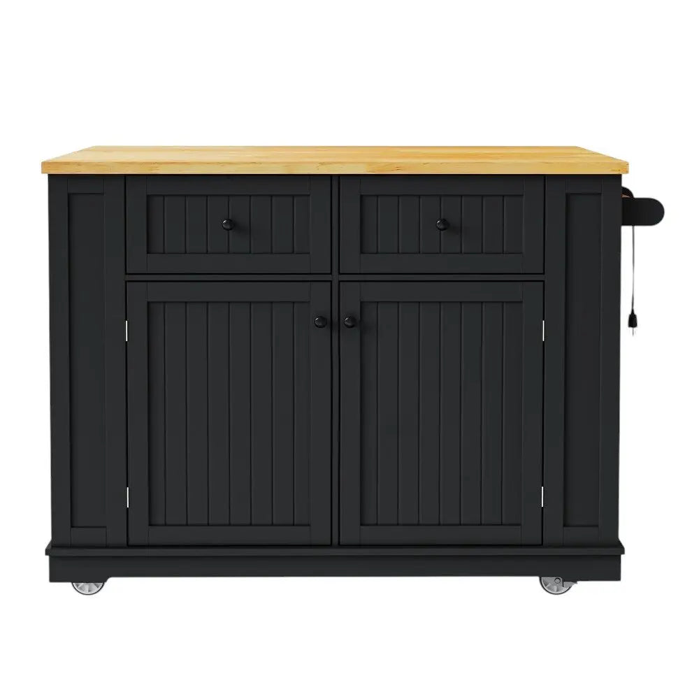 45" Black Wood Barn Door Rolling Kitchen Island Set With Storage With USB - NOVA HOME FURNITURE