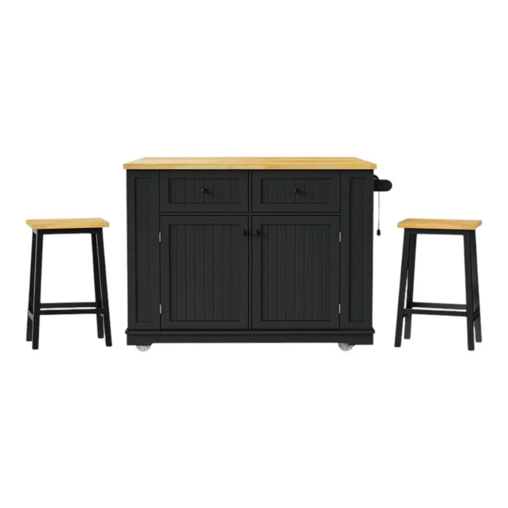 45" Black Wood Barn Door Rolling Kitchen Island Set With Storage With USB - NOVA HOME FURNITURE